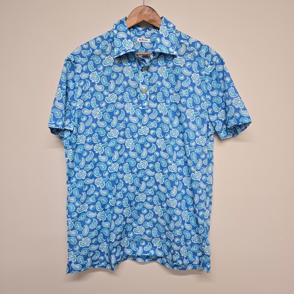 Kiton Positano Polo Shirt Men L Blue Paisley Cotton Voile Made Italy Luxury